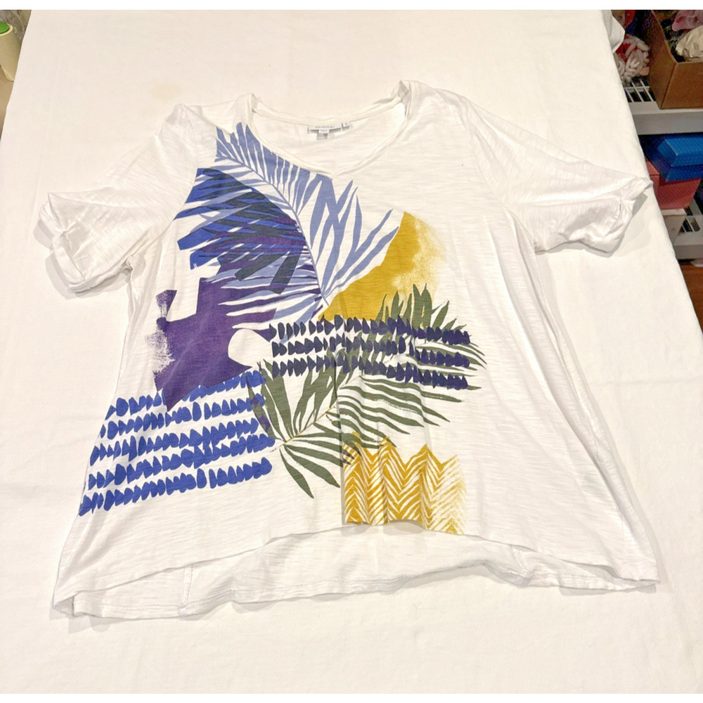 Chico's White Short Sleeve Cotton Tee with Blue and Yellow Print Large Chicos 3 - Picture 6 of 7